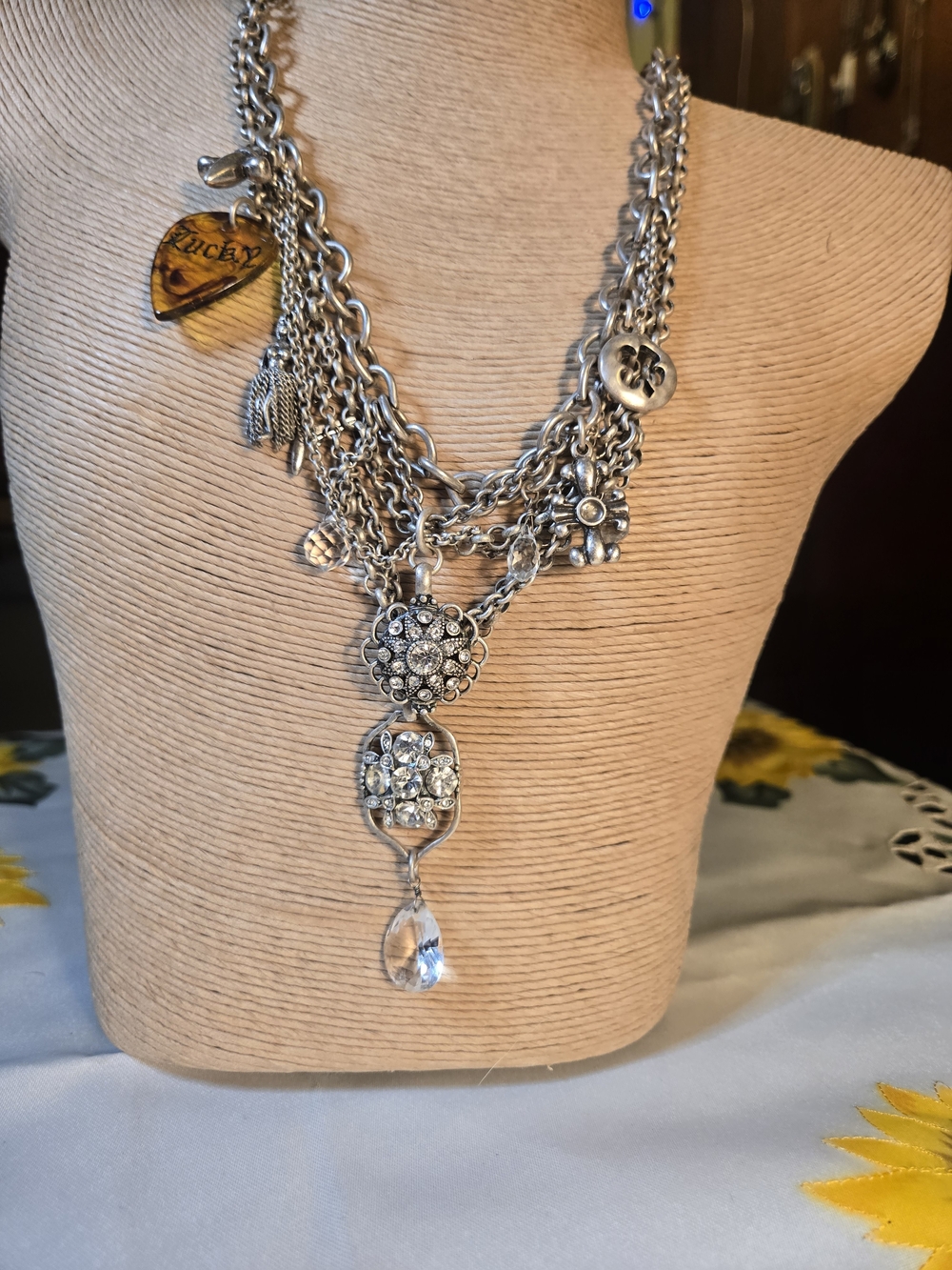 Lucky Brand Silver-Tone Multi-Strand Pendant Necklace with Amber Tag